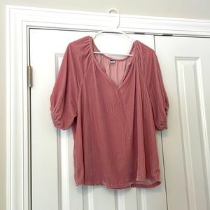 Short Sleeve Ballet Pink Velvet Top With Split Neck Detail